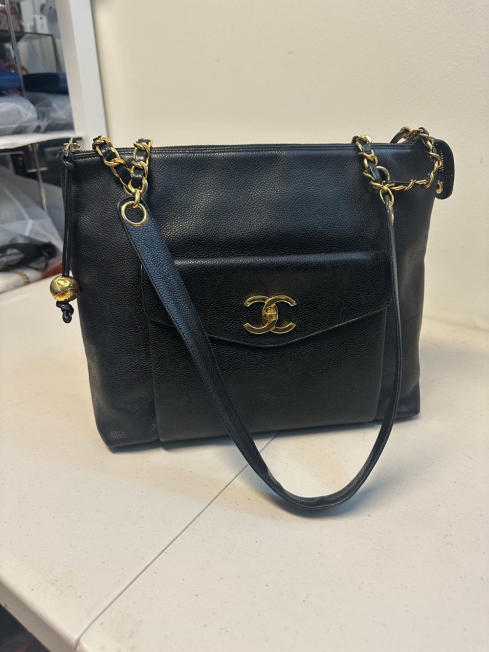 CHANEL Black Leather Shoulder Bag with Gold Hardware